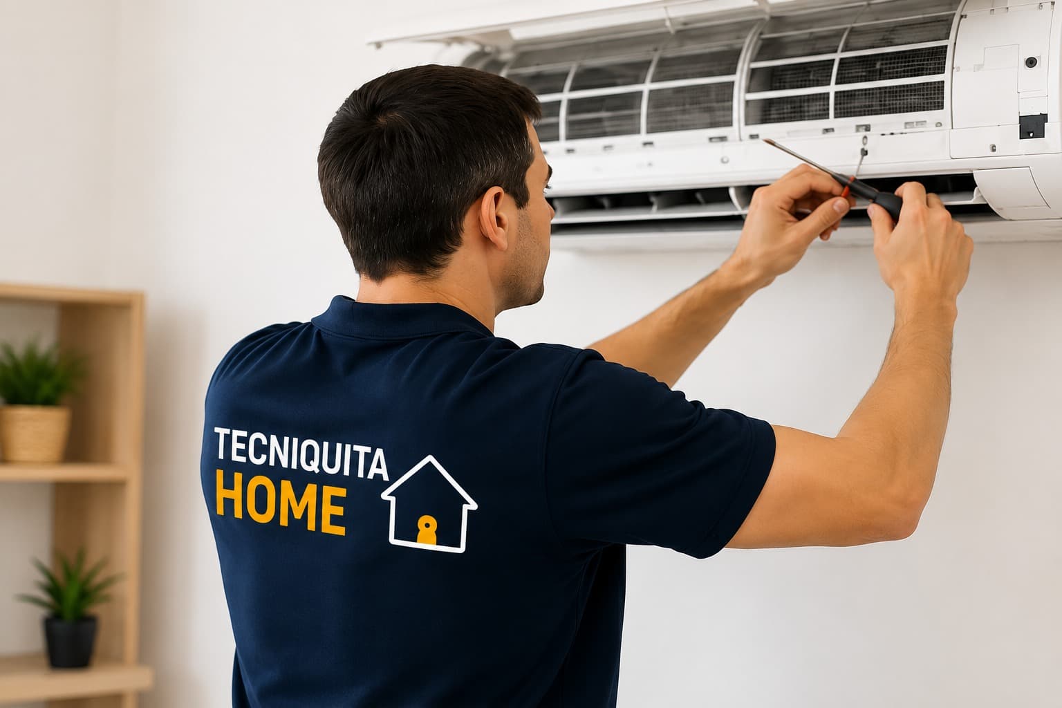 Técnico de Tecniquita Home visto de espaldas, instalando un aire acondicionado